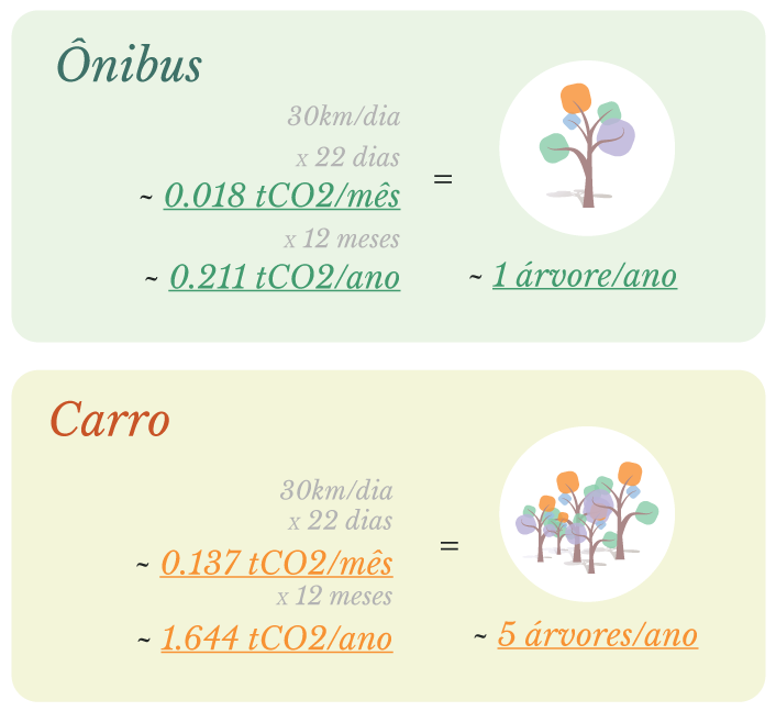 Comparativo de emissão de carbono entre carro e ônibus.